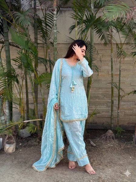 Versatile Sky Blue Designer Fendi Satin Silk Farsi Salwar Suit with Fancy Dupatta Ready To Wear Collection