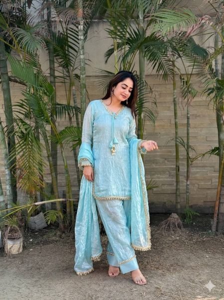 Versatile Sky Blue Designer Fendi Satin Silk Farsi Salwar Suit with Fancy Dupatta Ready To Wear Collection