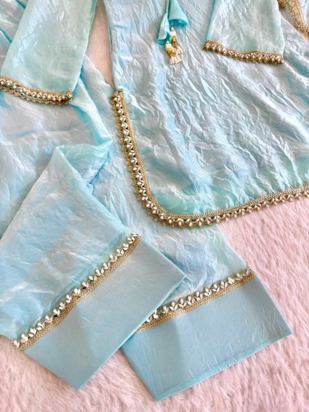 Versatile Sky Blue Designer Fendi Satin Silk Farsi Salwar Suit with Fancy Dupatta Ready To Wear Collection