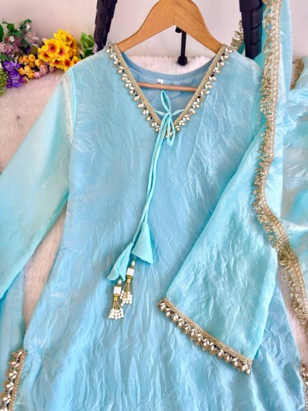 Versatile Sky Blue Designer Fendi Satin Silk Farsi Salwar Suit with Fancy Dupatta Ready To Wear Collection