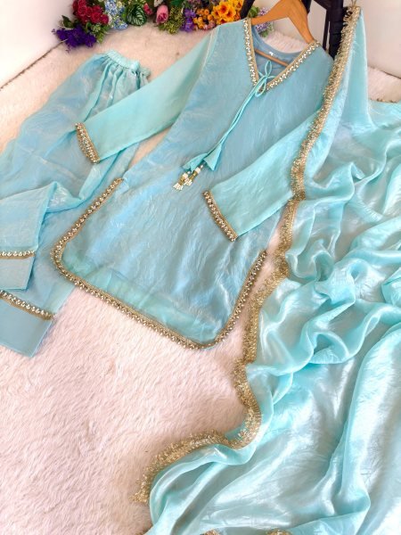 Versatile Sky Blue Designer Fendi Satin Silk Farsi Salwar Suit with Fancy Dupatta Ready To Wear Collection