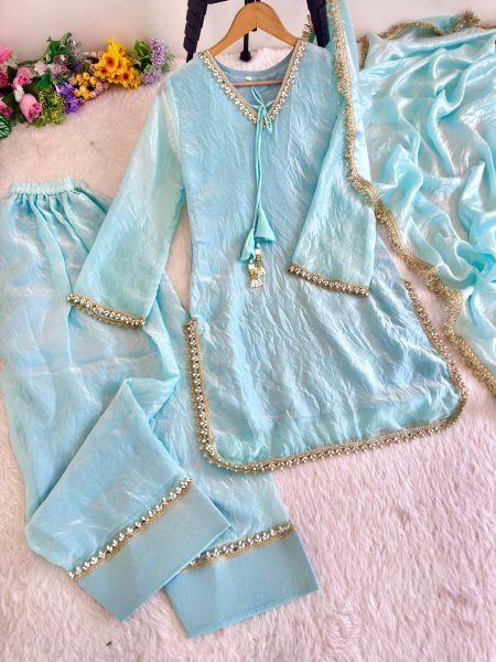 Versatile Sky Blue Designer Fendi Satin Silk Farsi Salwar Suit with Fancy Dupatta Ready To Wear Collection