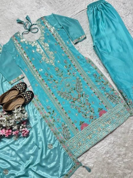 Versatile Sky Blue Designer Suit Set with Coding Sequins Work for Festive Wear Ready To Wear Collection