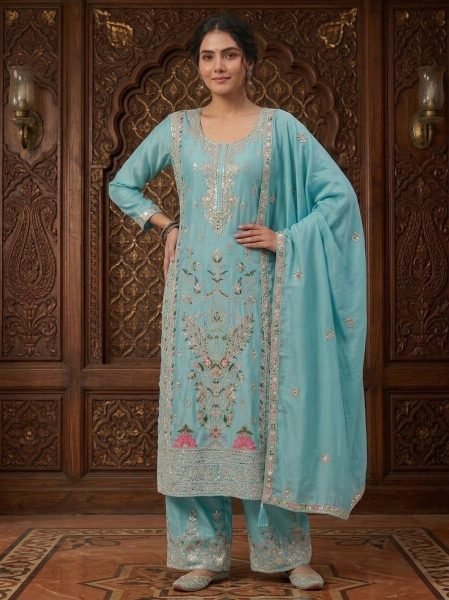Versatile Sky Blue Designer Suit Set with Coding Sequins Work for Festive Wear Ready To Wear Collection