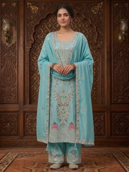 Versatile Sky Blue Designer Suit Set with Coding Sequins Work for Festive Wear Ready To Wear Collection