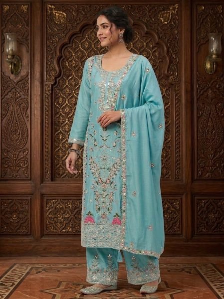 Versatile Sky Blue Designer Suit Set with Coding Sequins Work for Festive Wear Ready To Wear Collection