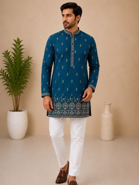 Versatile Teal Blue Casual and Festive Rayon Cotton Kurta with Comfortable Regular Fit Mens Wear