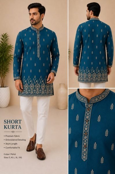 Versatile Teal Blue Casual and Festive Rayon Cotton Kurta with Comfortable Regular Fit Mens Short Kurta
