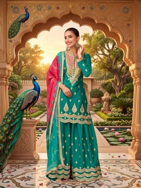 Versatile Teal Green Chinnon Silk Kurti Palazzo Set with Digital Print Dupatta 
