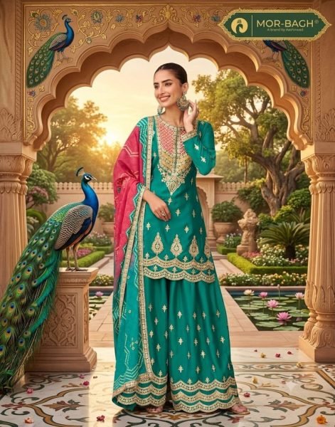 Versatile Teal Green Chinnon Silk Kurti Palazzo Set with Digital Print Dupatta Designer Plazzo Salwar Suits Wholesale