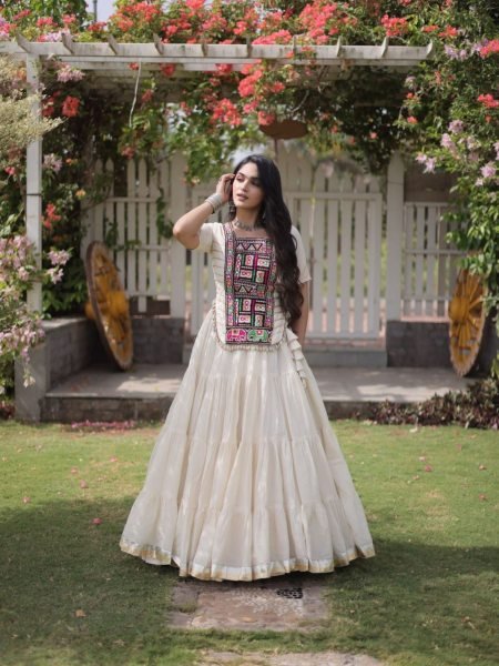 Versatile White Kora Cotton Lehenga Choli with Traditional Kutchi Patchwork Blouse  Lehenga
