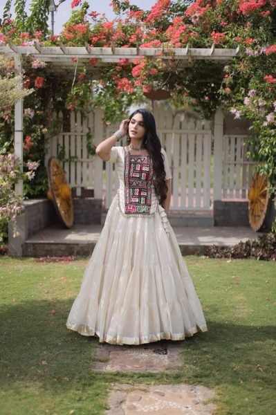 Versatile White Kora Cotton Lehenga Choli with Traditional Kutchi Patchwork Blouse Navratri Lehnega Choli