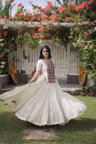 Versatile White Kora Cotton Lehenga Choli with Traditional Kutchi Patchwork Blouse Navratri Lehnega Choli