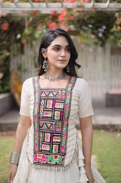 Versatile White Kora Cotton Lehenga Choli with Traditional Kutchi Patchwork Blouse Navratri Lehnega Choli