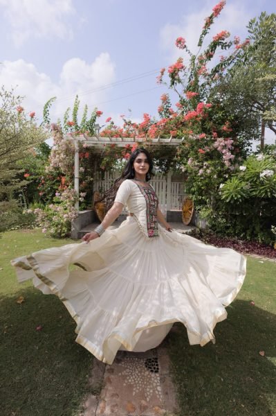 Versatile White Kora Cotton Lehenga Choli with Traditional Kutchi Patchwork Blouse Navratri Lehnega Choli
