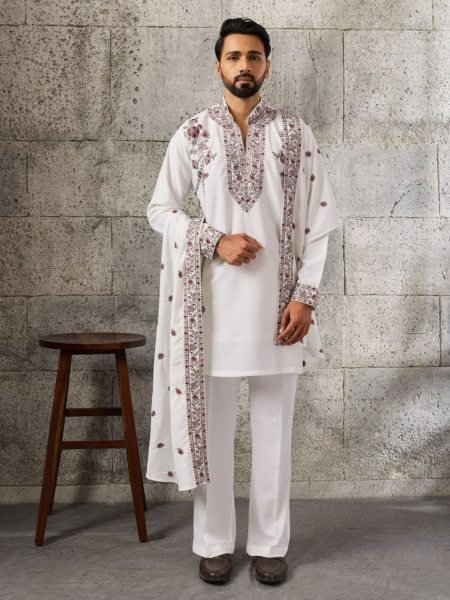 Versatile White Men's Japanese Kurta Dupatta Set with Thread and Sequins Work For Party 