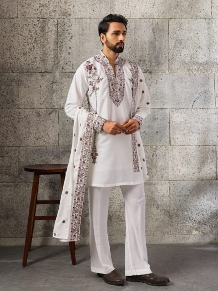 Versatile White Men's Japanese Kurta Dupatta Set with Thread and Sequins Work For Party Mens Short Kurta
