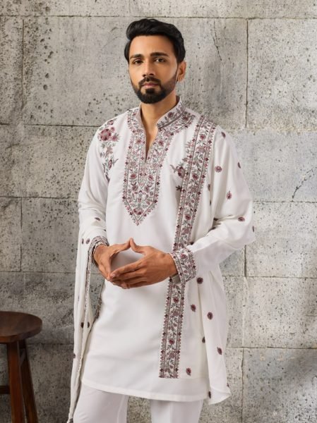 Versatile White Men's Japanese Kurta Dupatta Set with Thread and Sequins Work For Party Mens Short Kurta