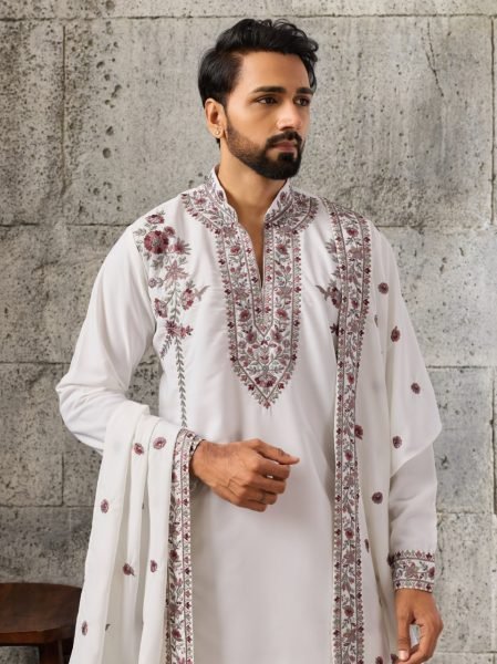 Versatile White Men's Japanese Kurta Dupatta Set with Thread and Sequins Work For Party Mens Short Kurta