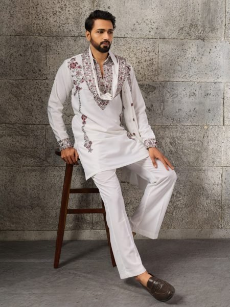 Versatile White Men's Japanese Kurta Dupatta Set with Thread and Sequins Work For Party Mens Short Kurta