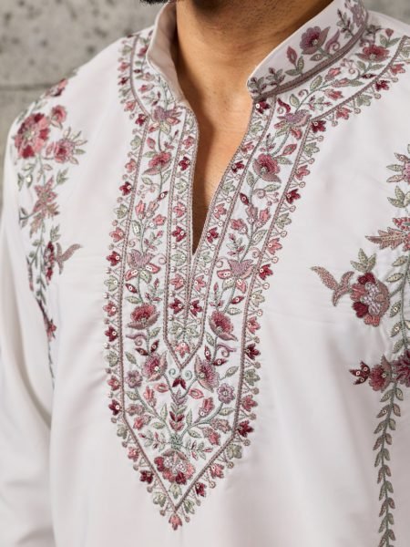 Versatile White Men's Japanese Kurta Dupatta Set with Thread and Sequins Work For Party Mens Short Kurta