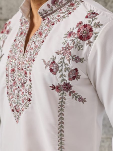 Versatile White Men's Japanese Kurta Dupatta Set with Thread and Sequins Work For Party Mens Short Kurta