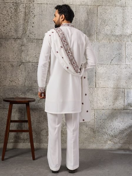 Versatile White Men's Japanese Kurta Dupatta Set with Thread and Sequins Work For Party Mens Short Kurta
