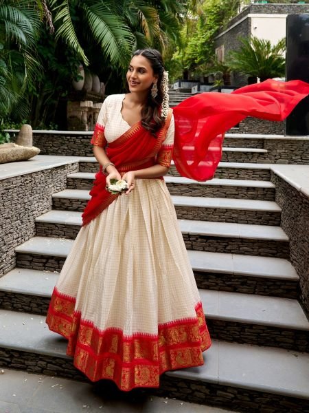 Versatile White Red South Style Poly Cotton Lehenga with 4 Meter Flair at Manufacturer  