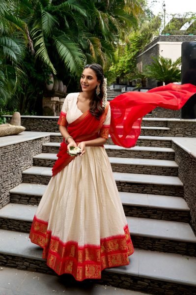 Versatile White Red South Style Poly Cotton Lehenga with 4 Meter Flair at Manufacturer  Half Saree Lehenga
