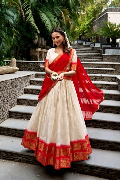 Versatile White Red South Style Poly Cotton Lehenga with 4 Meter Flair at Manufacturer  Half Saree Lehenga