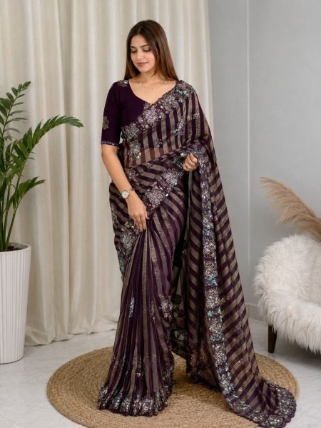 Versatile Wine Boutique Style Alfino Chiffon Saree with Designer Sequins Embroidery Sarees 