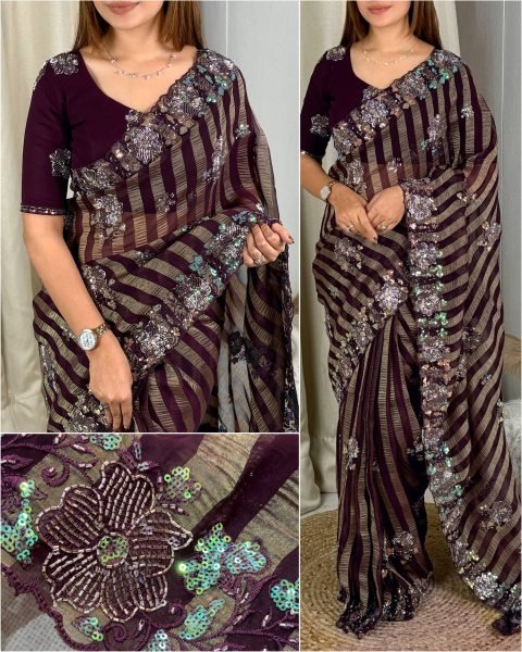Versatile Wine Boutique Style Alfino Chiffon Saree with Designer Sequins Embroidery Pure Chiffon Sarees Wholesale