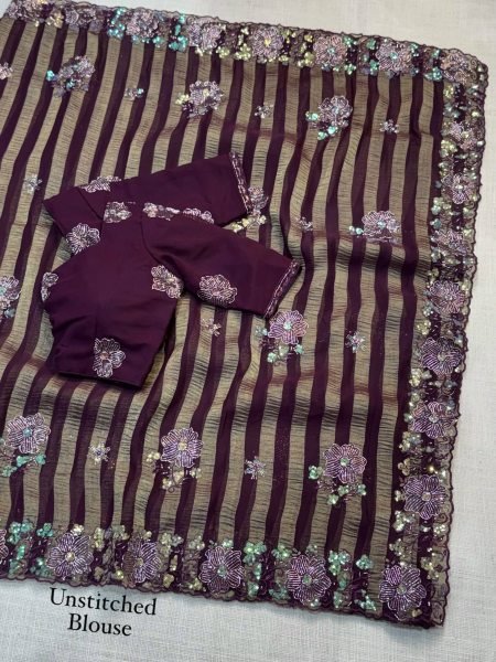 Versatile Wine Boutique Style Alfino Chiffon Saree with Designer Sequins Embroidery Pure Chiffon Sarees Wholesale