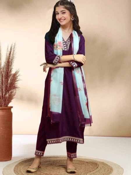 Versatile Wine Kids Kurti Set with Heavy Cotton Fabric for Festive Season