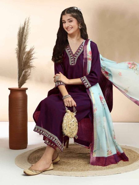 Versatile Wine Kids Kurti Set with Heavy Cotton Fabric for Festive Season Girls Wear