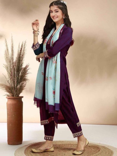 Versatile Wine Kids Kurti Set with Heavy Cotton Fabric for Festive Season Girls Wear