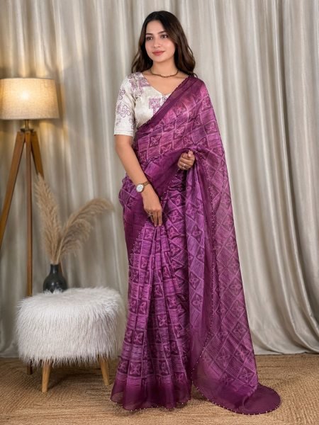 Versatile Wine Purple Party Wear Organza Saree with Sibhori Batik Print and Thread Embroidery 
