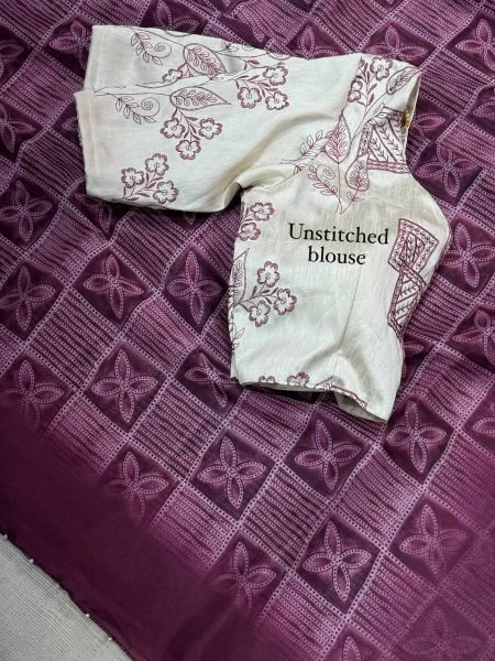 Versatile Wine Purple Party Wear Organza Saree with Sibhori Batik Print and Thread Embroidery Organza Sarees Wholesale