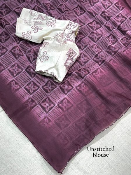 Versatile Wine Purple Party Wear Organza Saree with Sibhori Batik Print and Thread Embroidery Organza Sarees Wholesale