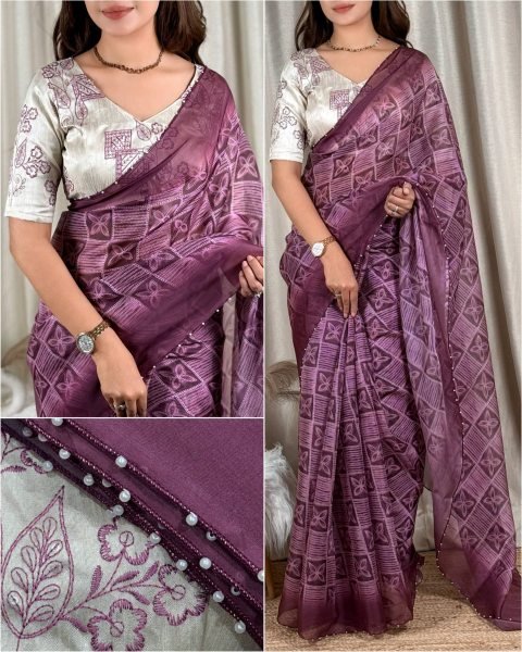 Versatile Wine Purple Party Wear Organza Saree with Sibhori Batik Print and Thread Embroidery Organza Sarees Wholesale