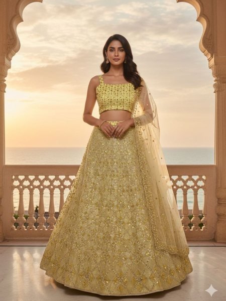 Versatile Yellow Butterfly Net Embroidered Lehenga for Haldi Functions Bridal Lehenga Choli