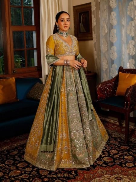 Versatile Yellow Green Roman Satin Silk Lehenga with Embroidered Blouse and Dupatta 