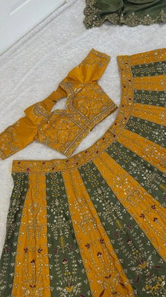 Versatile Yellow Green Roman Satin Silk Lehenga with Embroidered Blouse and Dupatta Designer Lehenga Choli