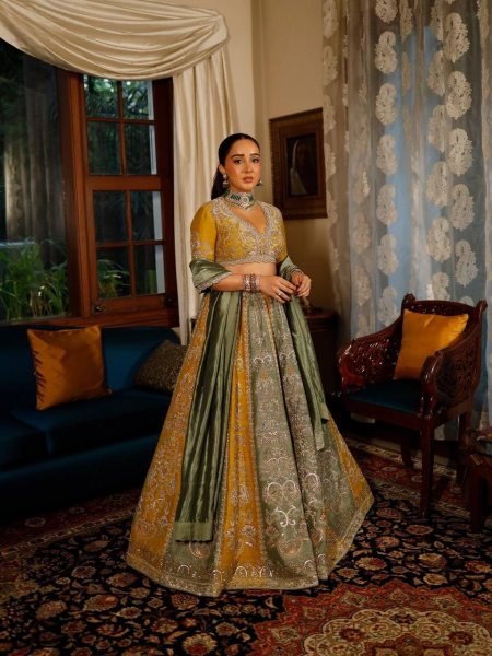 Versatile Yellow Green Roman Satin Silk Lehenga with Embroidered Blouse and Dupatta Designer Lehenga Choli
