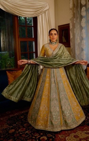 Versatile Yellow Green Roman Satin Silk Lehenga with Embroidered Blouse and Dupatta Designer Lehenga Choli