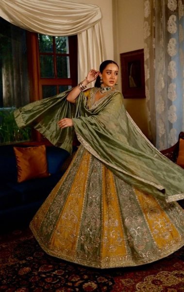 Versatile Yellow Green Roman Satin Silk Lehenga with Embroidered Blouse and Dupatta Designer Lehenga Choli