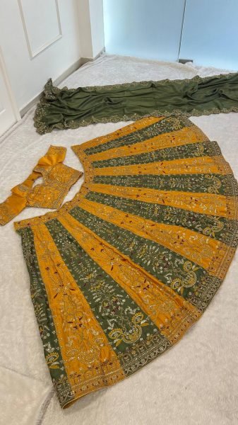 Versatile Yellow Green Roman Satin Silk Lehenga with Embroidered Blouse and Dupatta Designer Lehenga Choli