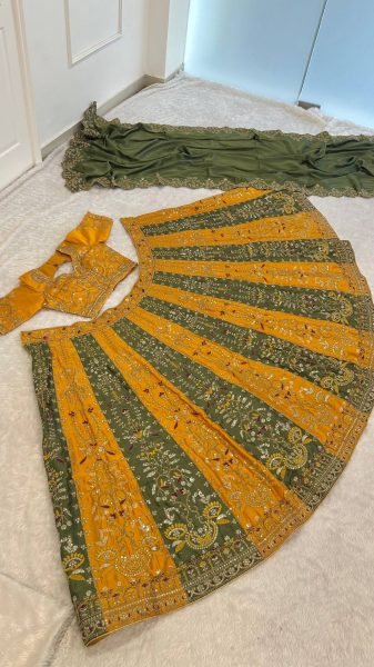 Versatile Yellow Green Roman Satin Silk Lehenga with Embroidered Blouse and Dupatta Designer Lehenga Choli