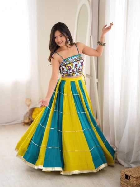 Versatile Yellow Sky Blue Heavy Rayon Lehenga Choli with Gota Patti and Mirror Work  Lehenga