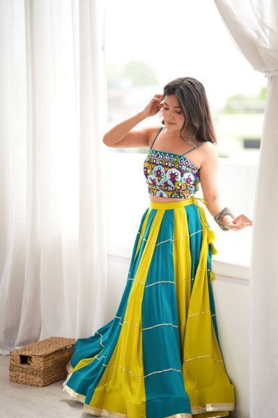 Versatile Yellow Sky Blue Heavy Rayon Lehenga Choli with Gota Patti and Mirror Work Navratri Lehnega Choli
